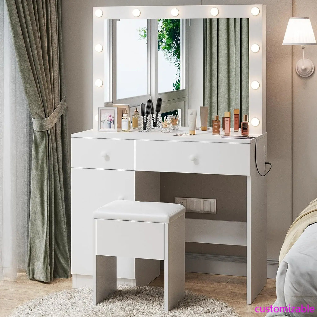 Vanity Desk with Mirror and Lights, White with Power Outlet and 3 Color Light Modes