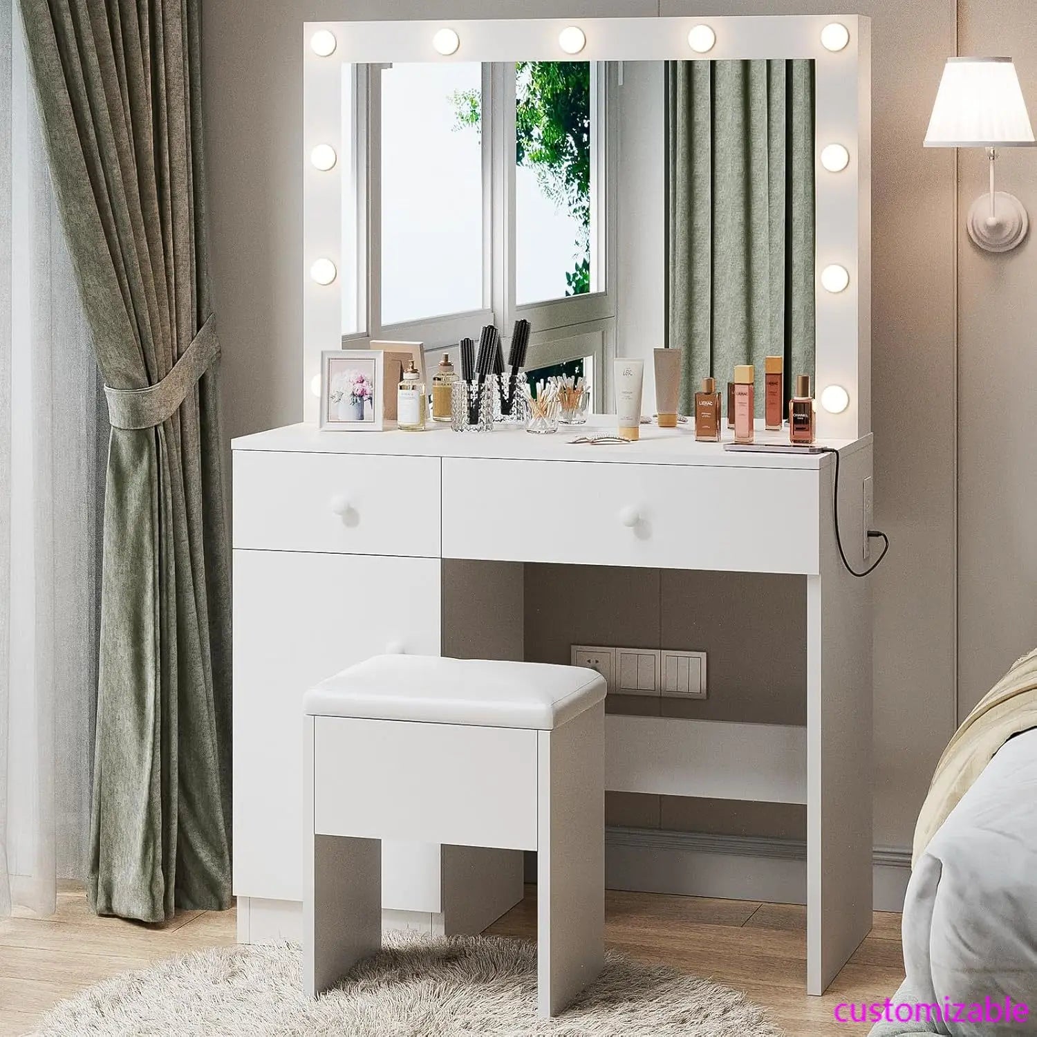 Vanity Desk with Mirror and Lights, White with Power Outlet and 3 Color Light Modes