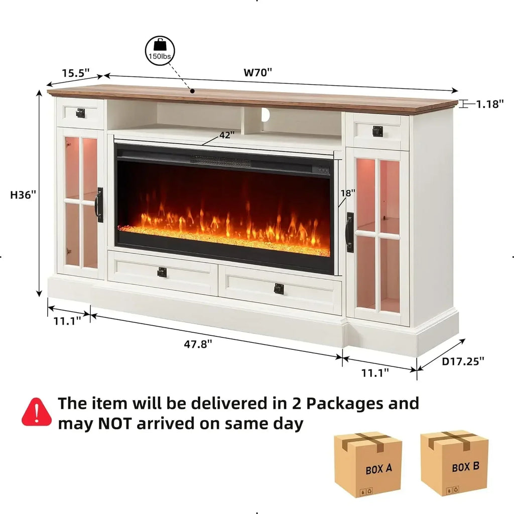 Fireplace TV Stand for 80 Inch TV, with 42" Fireplace & LED Lights, Storage Drawers  Living Room, Antique White