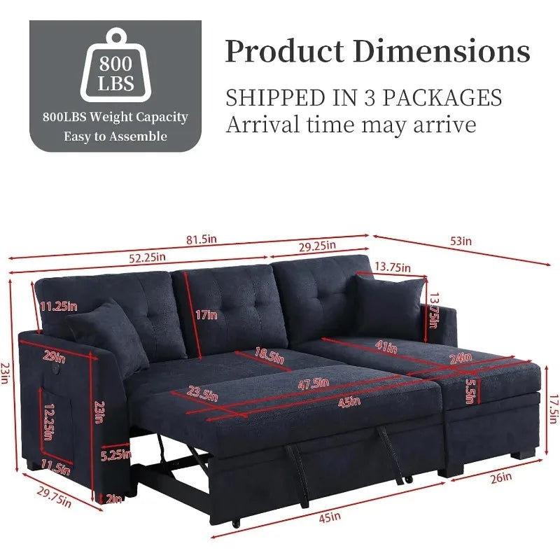 Convertible Sleeper Sofa Bed with L-Shaped Sectional, Reversible Storage Chaise, Dual USB Ports, and Side Pockets