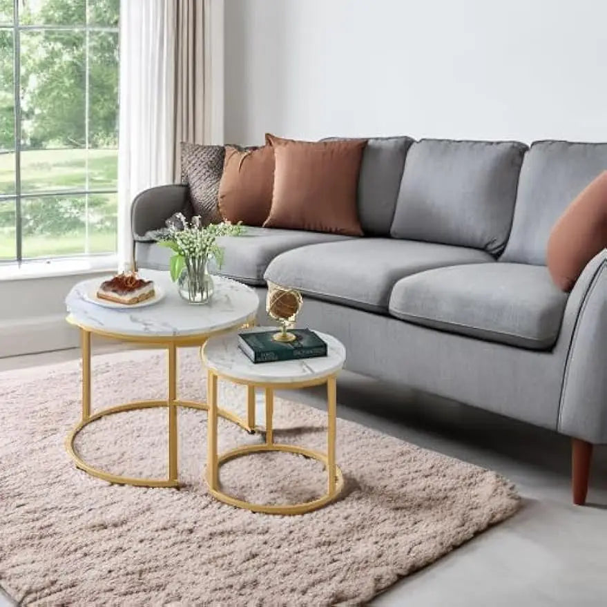 Coffee Table Nesting White Set of 2 Side Set Golden Frame Circular Round and Marble Pattern Wooden Tables, Living Room Bedroom