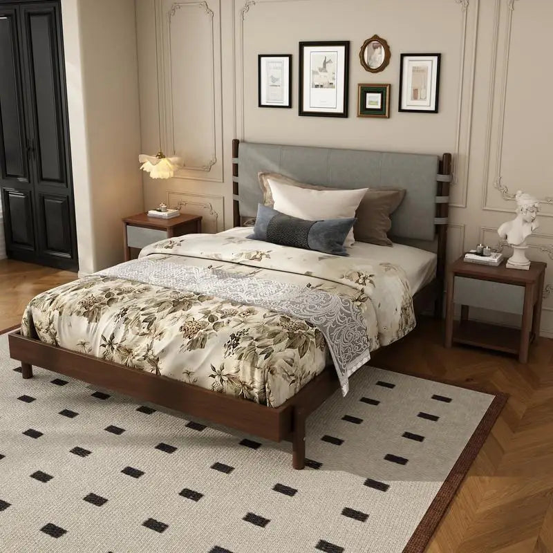 Modern Gray Wood Queen Bed Frame Set with 2 Nightstands,