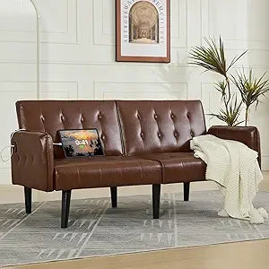 65-inch Wide Velvet Modern Convertible Futon Sofa Bed with USB Charging Ports and Arms, Ideal for Compact Living Spaces