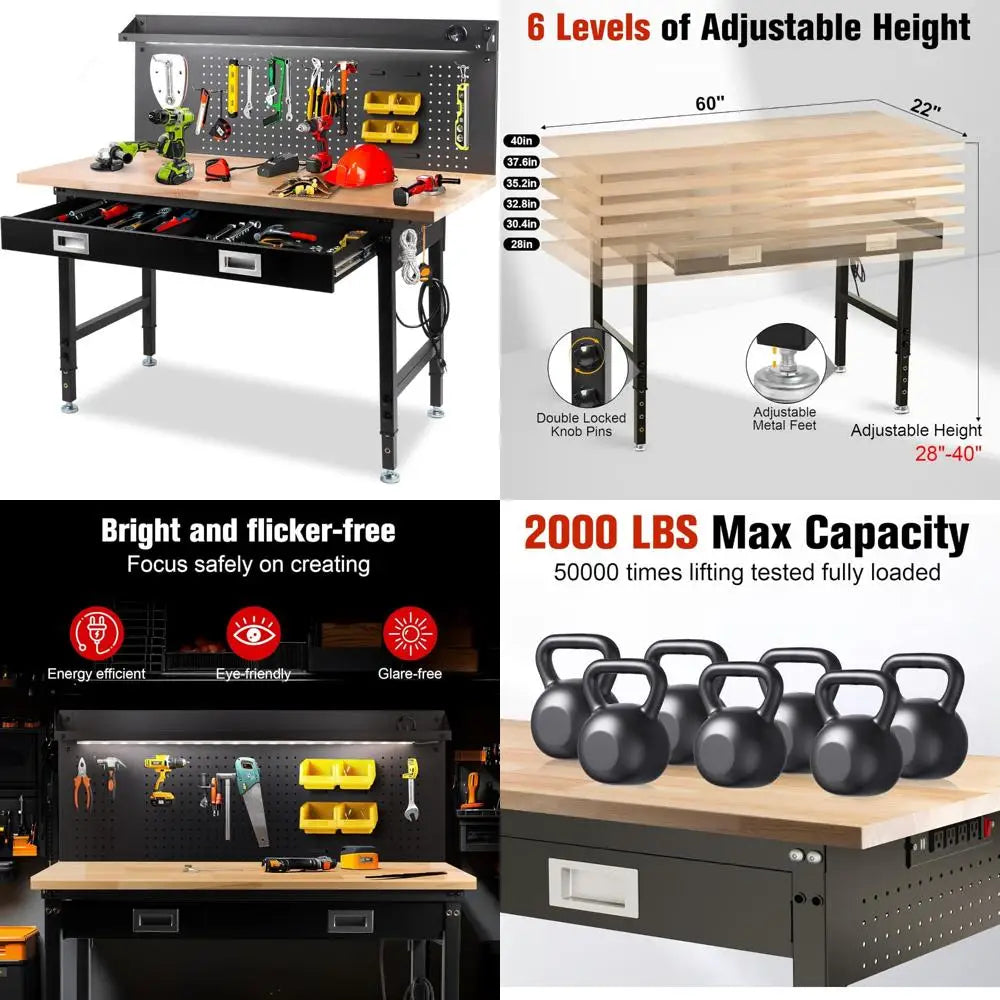 60" Garage Workbench with Storage Drawers, Adjustable Table, Large Pegboard, and Strip Lighting, Supporting 2000 LBS