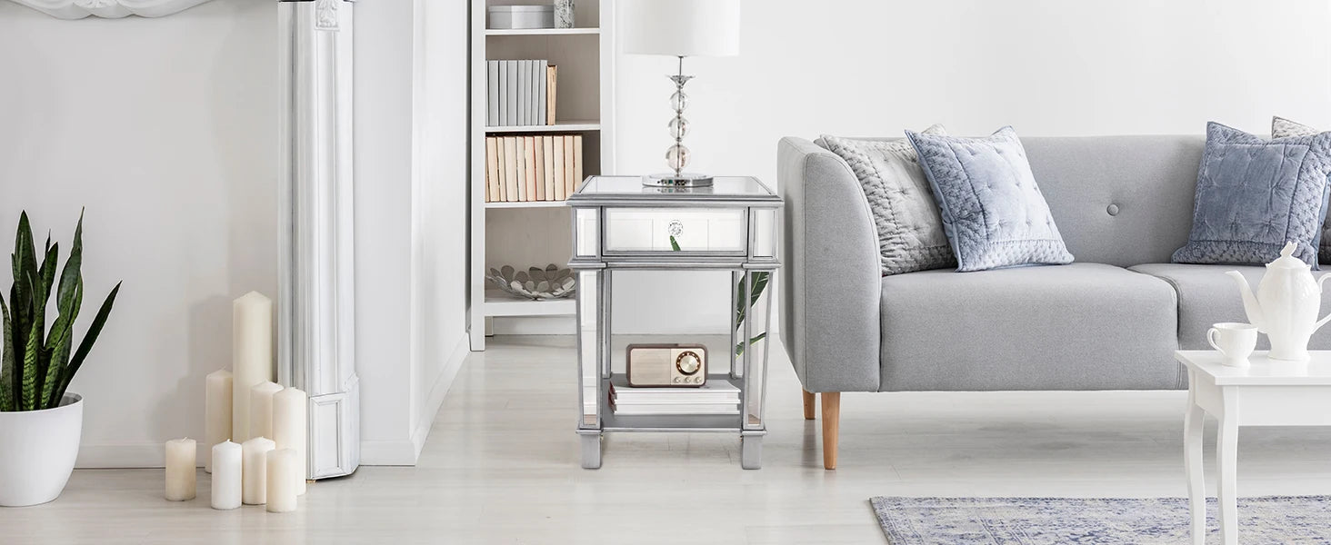 Silver Mirrored Nightstand, End Side Table for Bedroom, Living Room Bedside Table with Drawer and Open Shelf