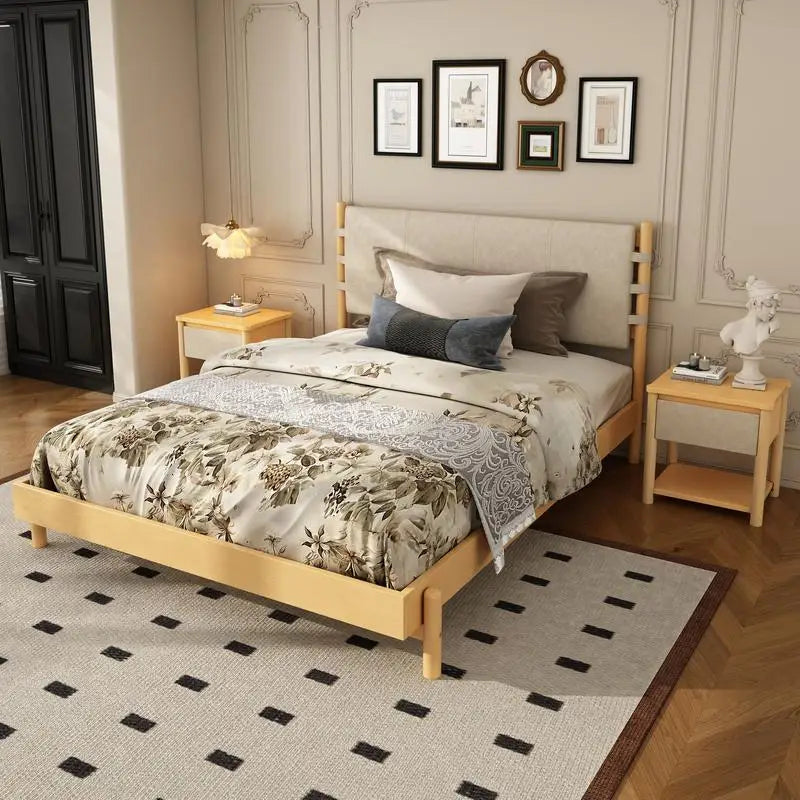Modern Queen Bed Frame Set with 2 Nightstands, Beige Wood Platform Bed with Headboard
