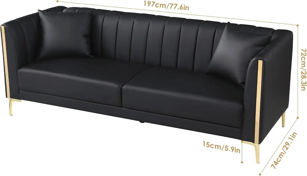78'' Sofa, Black Faux Leather Couch / Sofa 3 Seater Couch with 2 Throw Pillows and Gold Metal