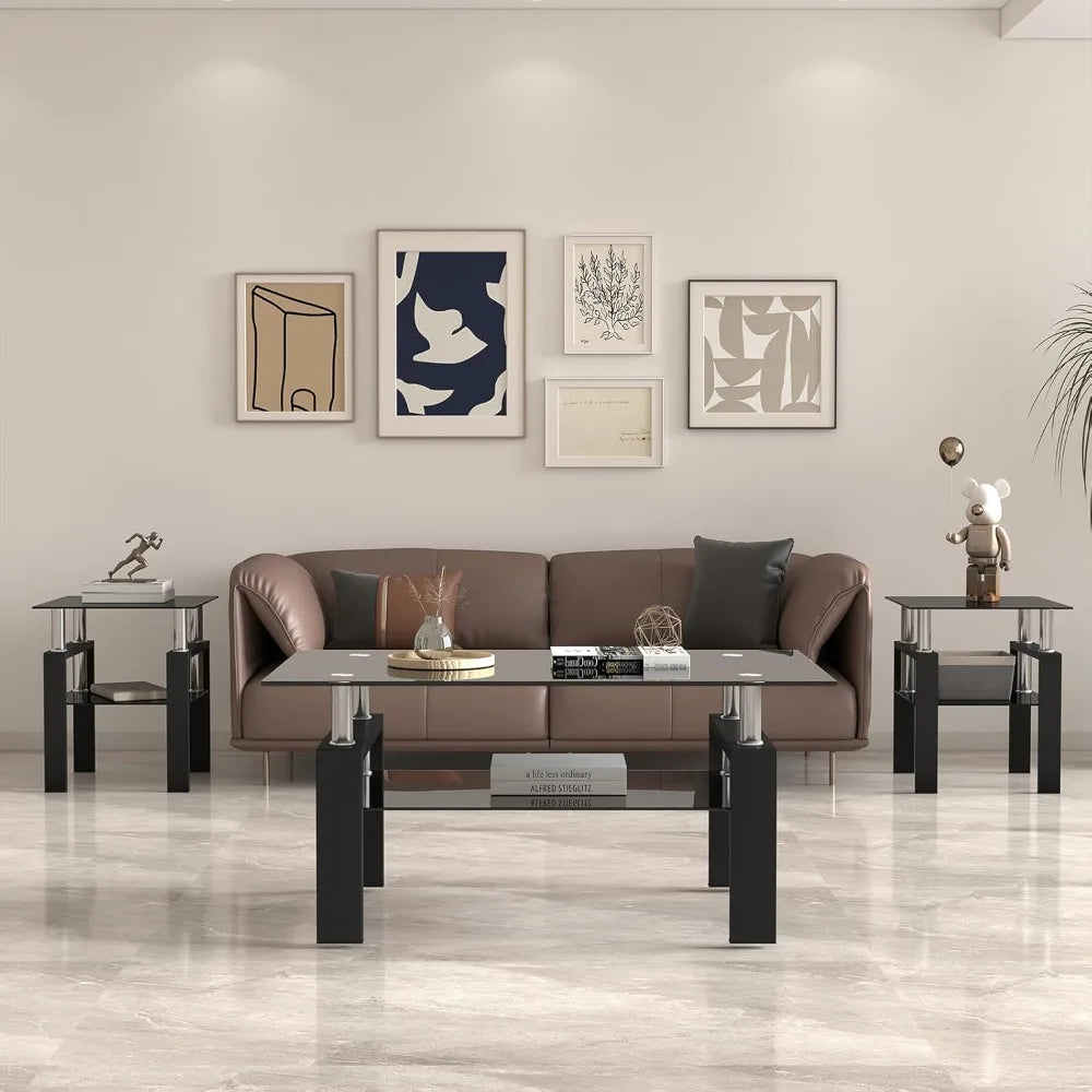 Black Glass Coffee Table Set of 3 Piece, Living Room Tables Set of 3 Pcs, Including 1 Coffee Table and 2 End Side Tables, Metal