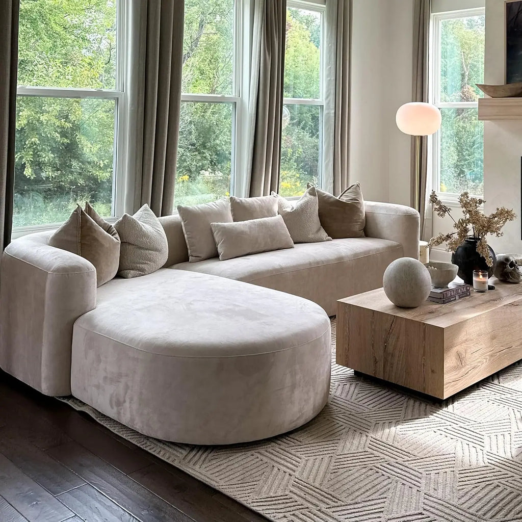 Luxury Modern Tight Curved Back Velvet Sofa, Minimalist Style/ Comfy Couch for Living Room/ Apartment, L-Shaped Sectional with Chaise