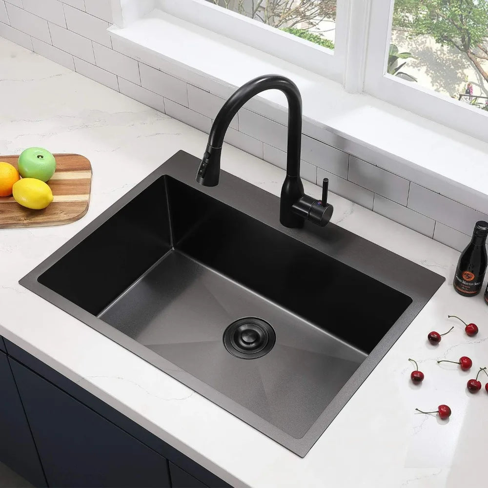 Large 33" Single Bowl Gunmetal Black Farmhouse Kitchen Sink, 33x22 Top Mount Design, 16 Gauge SUS304 Stainless Steel