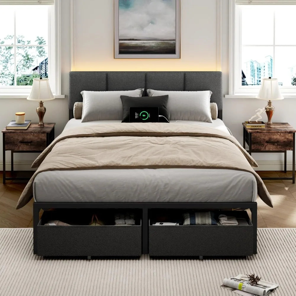 Bed Frame with Headboard, Bed Full with LED Light, USB Charging Station, Platform Bedframe with 2 Fabric Underbed Storage