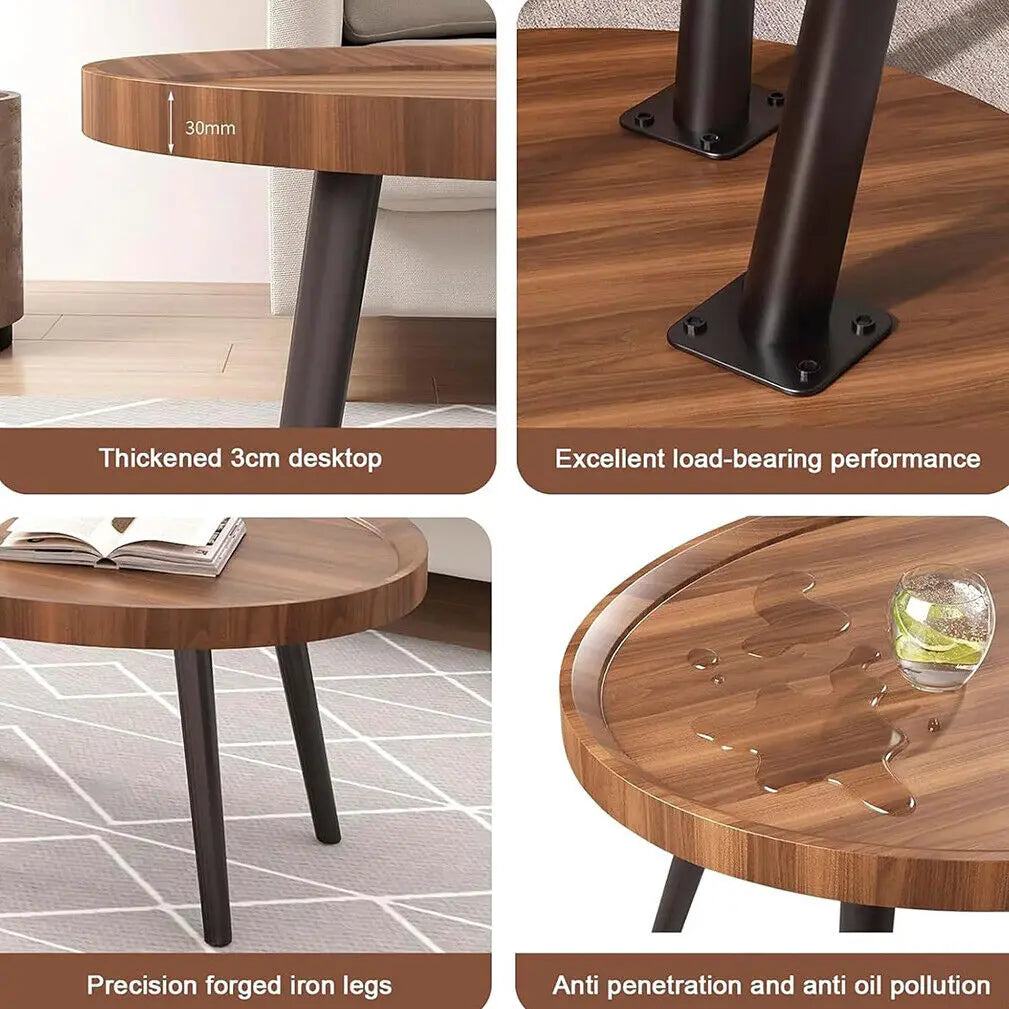 Irregular Living Room Coffee Table Set Small Drop-Shaped Solid Wooden Sofa Side/ End Table 2-in1 with Triangle Legs