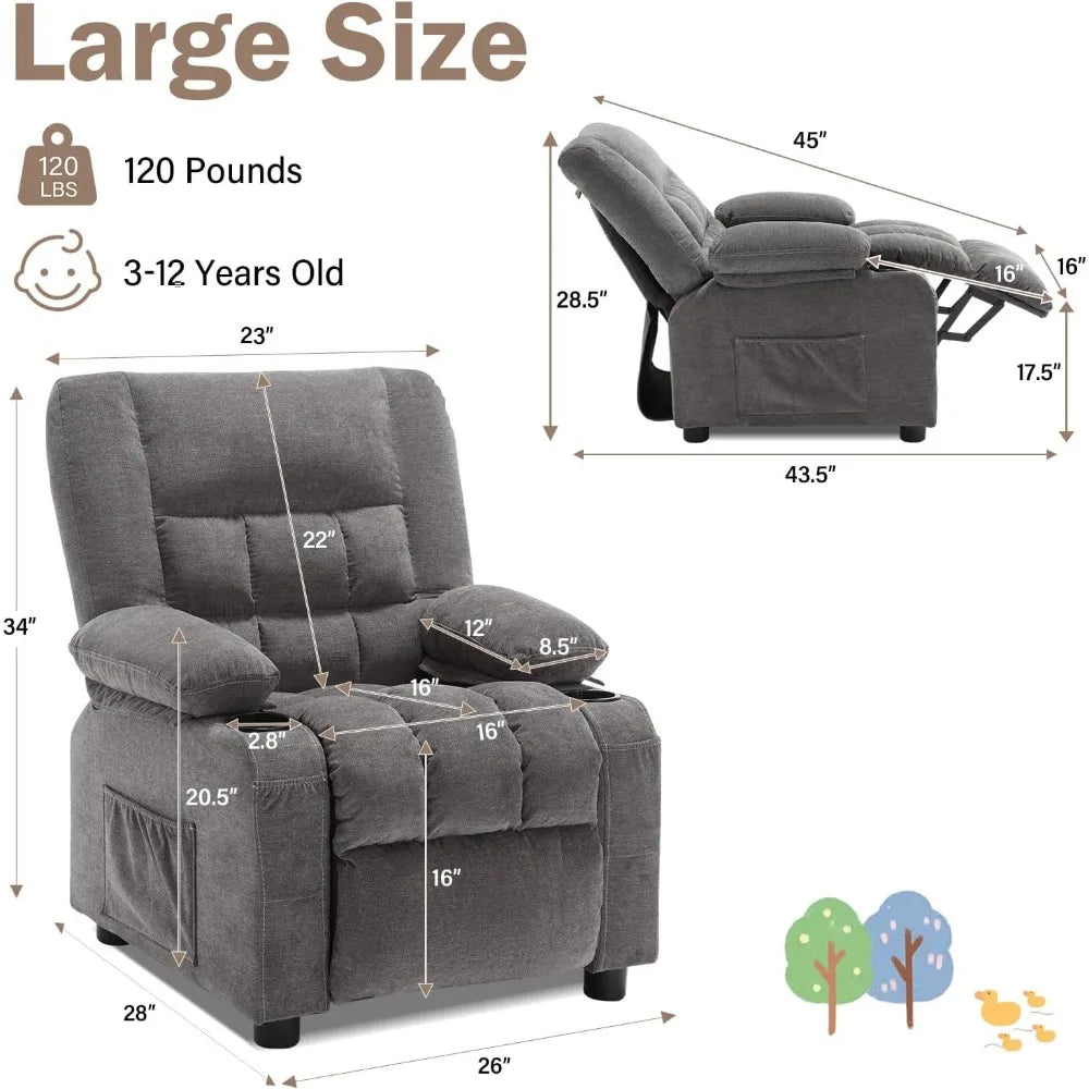 Kids Recliner Chair, Push Back Toddler Recliner with Cup Holders & Side Pockets, Adjustable Footrest & Headrest