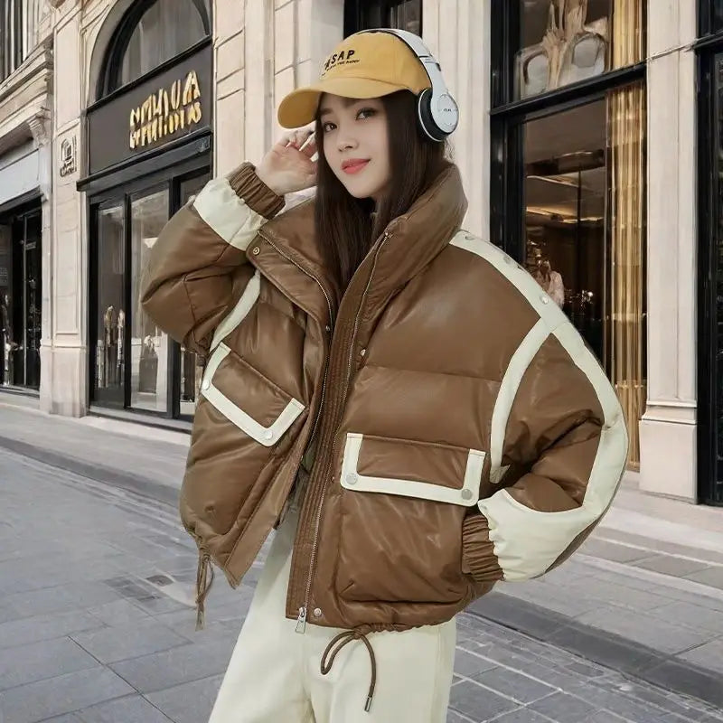 Y2K American New PU Fashion Solid Color Stitching Short Leisure Sports Cotton-padded Jacket Female Joker Loose Leather Coat