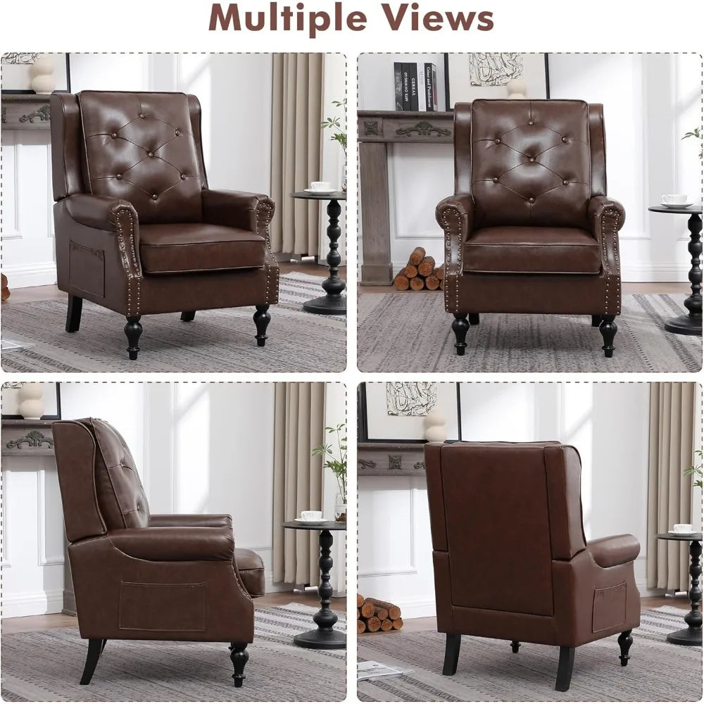 Accent Chair for Living Room, Mid Century Modern Wingback Armchair with High Back, Leather Upholstered Arm Chair
