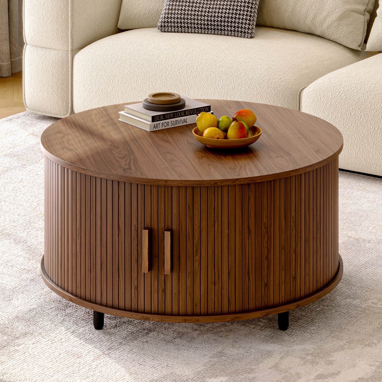 Round Coffee Table with Storage,31.5"/ Modern Coffee Table with 360° Curved Sliding Door, Fluted Wood Accent Coffee Table