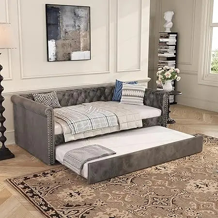 Modern Velvet Daybed with Trundle, Sofa Bed Featuring Tufted Button Design and Curved Armrests for Living Spaces and Bedrooms
