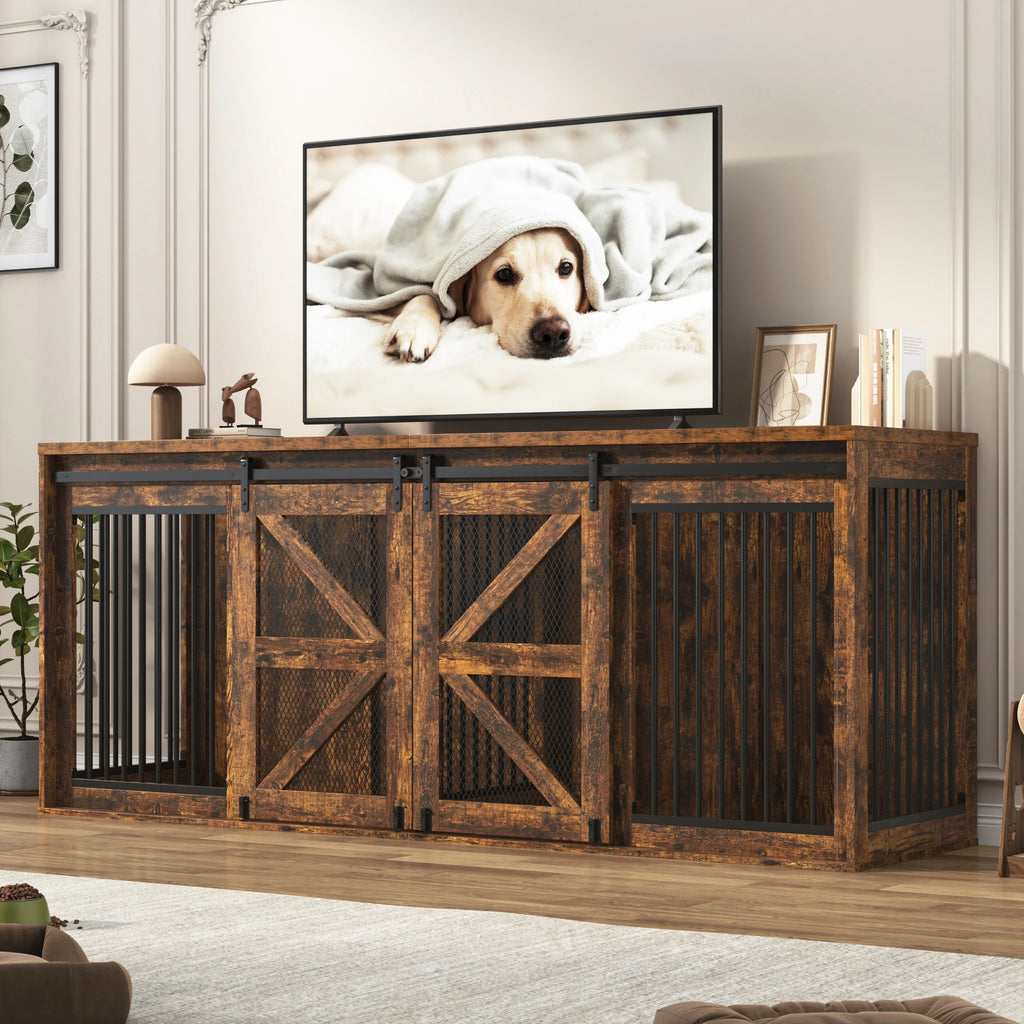 Farmhouse Dog Crate TV Stand, Wooden Dog Kennel Furniture with Sliding Metal Mesh Barn Door, 87'' Large Dog Crate Furniture