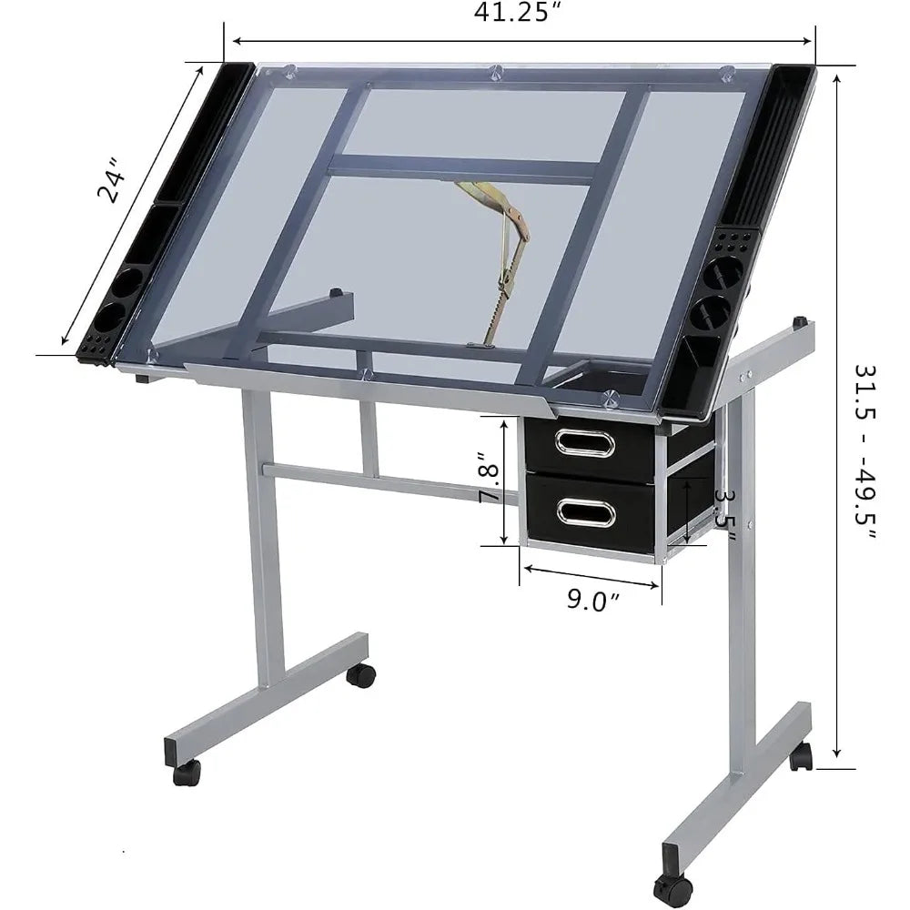 Adjustable Drafting Table, Art/ Desk Drawing Table Versatile Art Craft Work Station Glass Tabletop w/2 Slide Drawers and Wheels