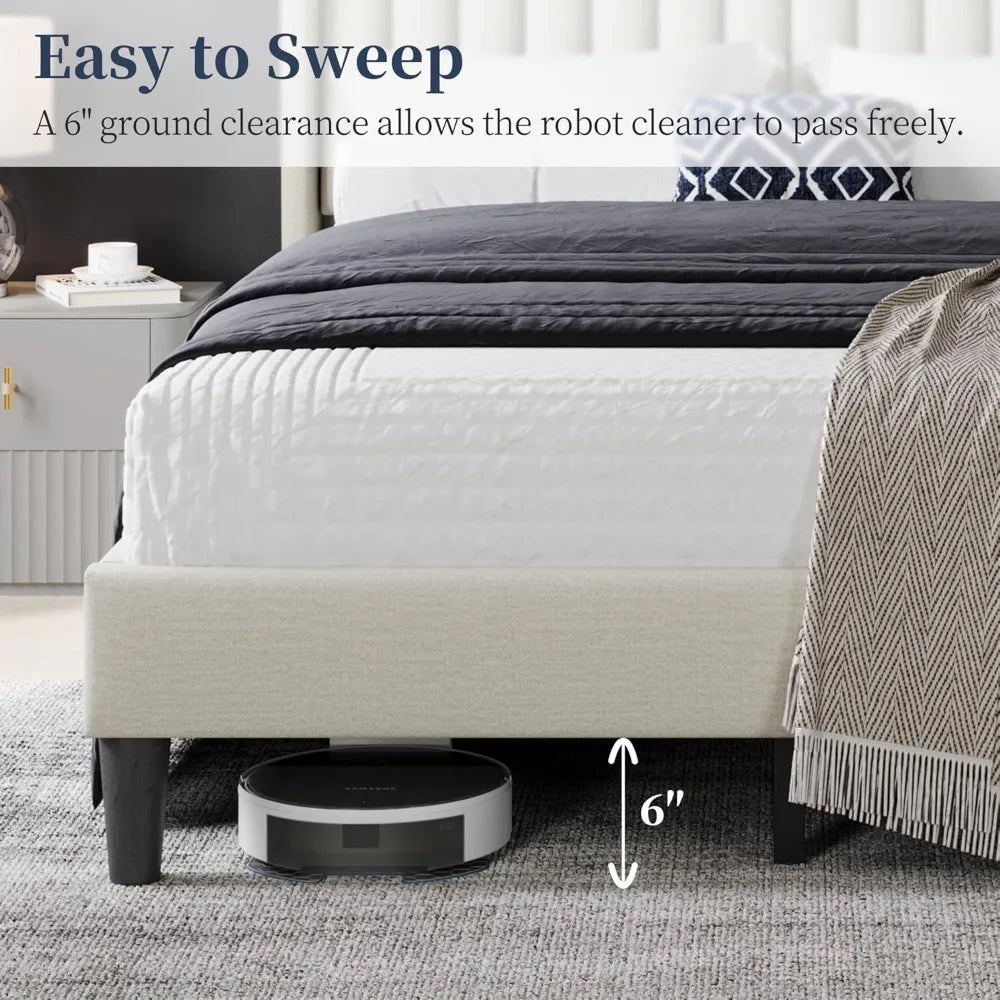 Full Bed Frame Upholstered Platform Bed with Fabric Headboard
