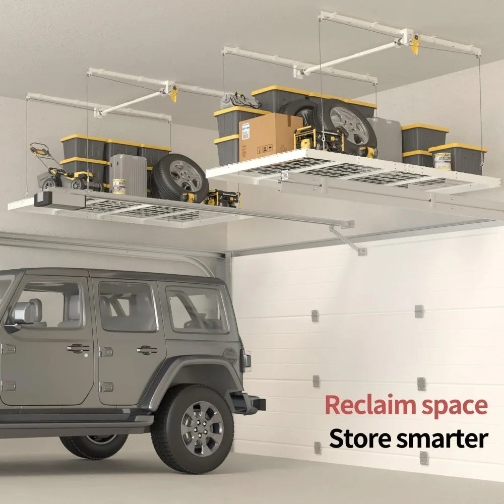Overhead Garage Storage Solutions: 4x8 Foot Heavy-Duty Ceiling Rack with Safety Lock and Lift System