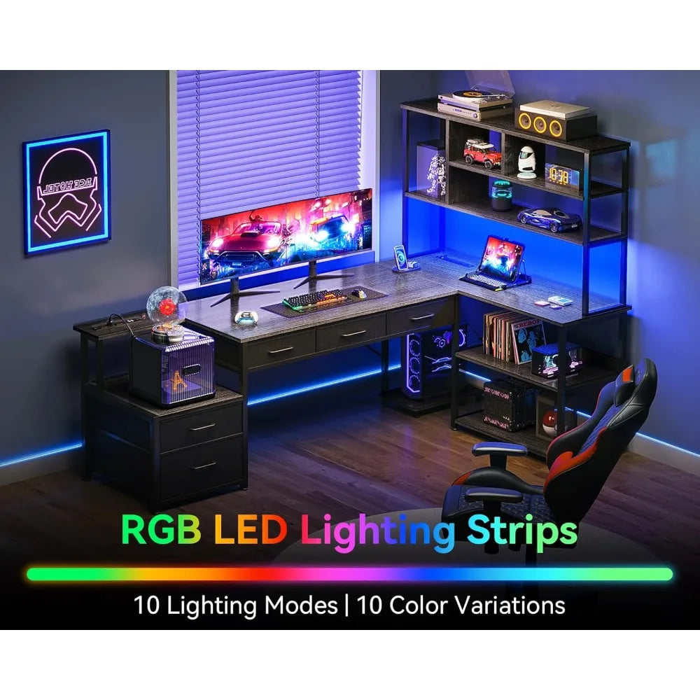 79" L-Shaped Desk with 5 Drawers, Reversible LED-Illuminated Gaming Desk Featuring 2 Power Outlets and Storage