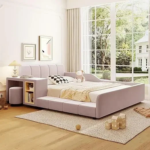 Velvet Upholstered Grounded Bed Platform Bed, Wooden Full Size with Bedside Desk and Little Round Stool