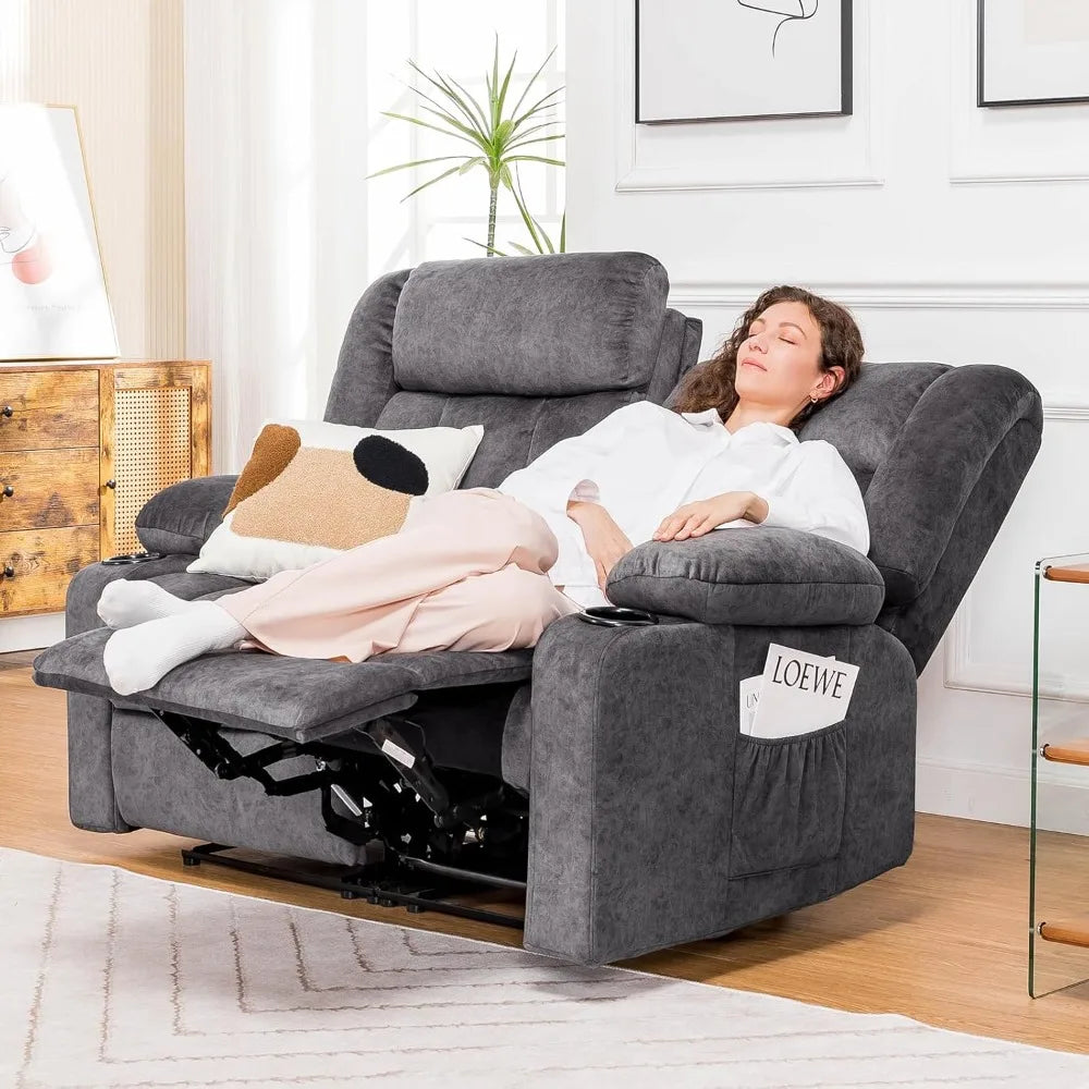 Manual Recliner Couch, Fabric Reclining Sofa Chair with Cup Holders, Upholstered Recliner Chair Set with Side Pockets Storage