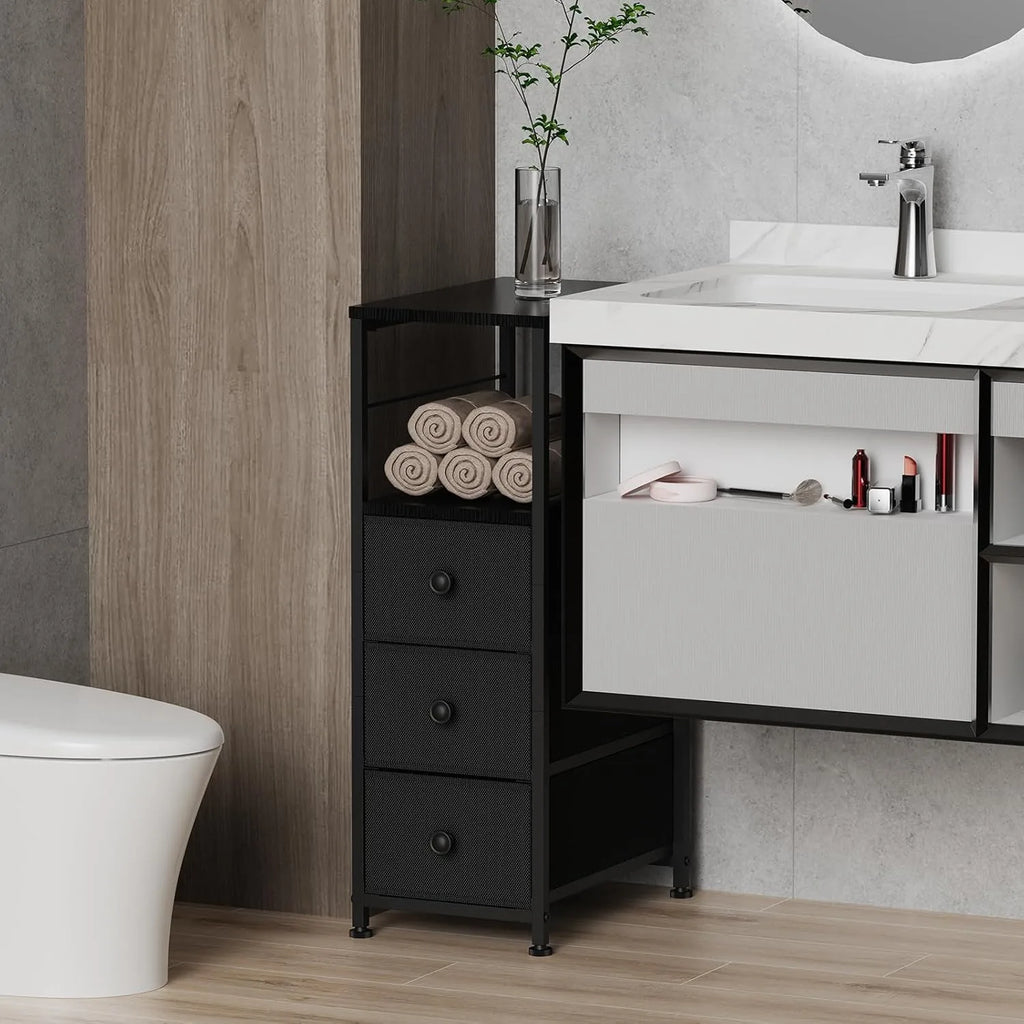Narrow Slim Dresser & Bedside Table | 3 Fabric Drawers w/ Open Shelves | Space-Saving Storage Cabinet