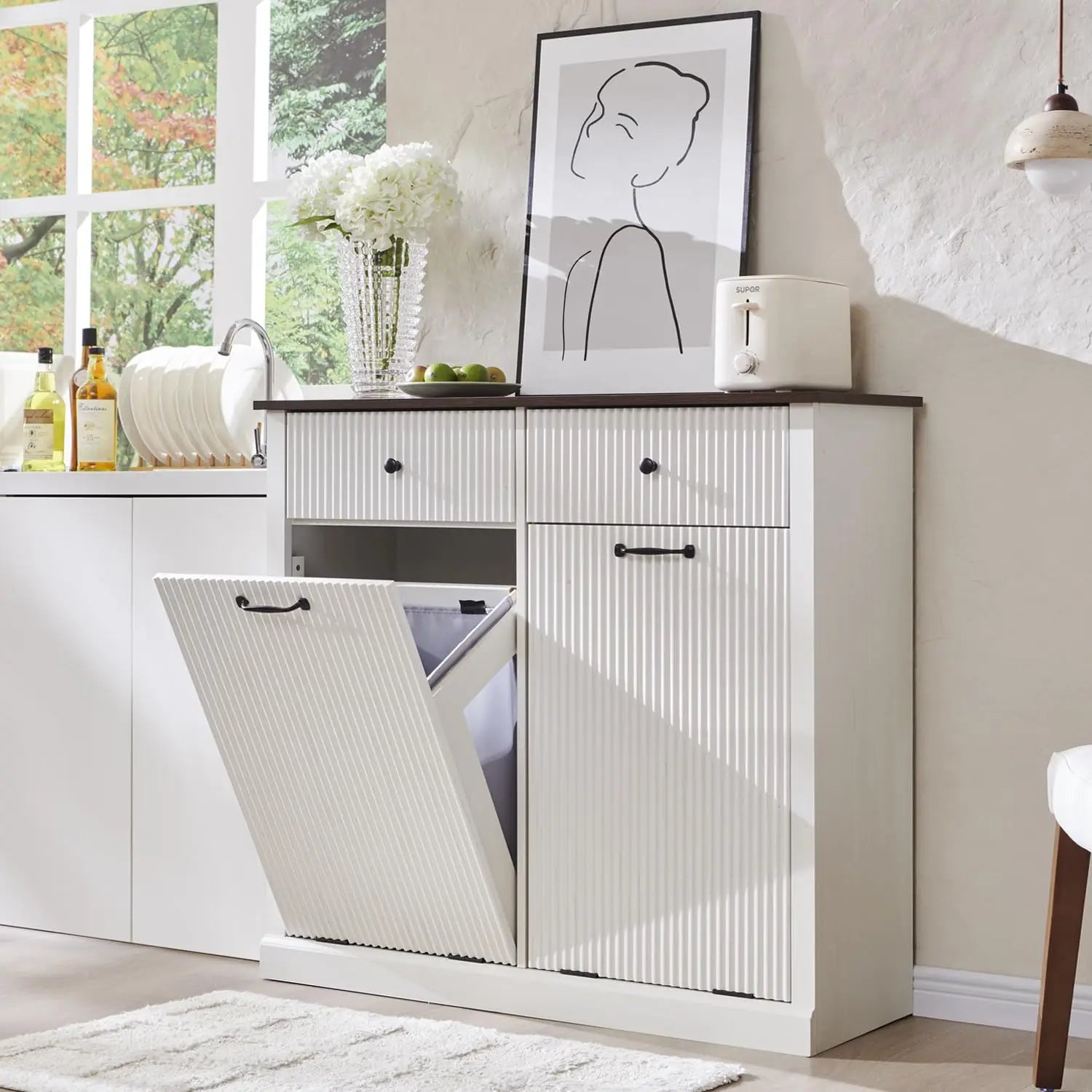 20 Gallon Fluted Laundry Hamper Cabinet w/2 Drawers, Wooden Hidden Garbage Can Cabinets with Storage Basket,White