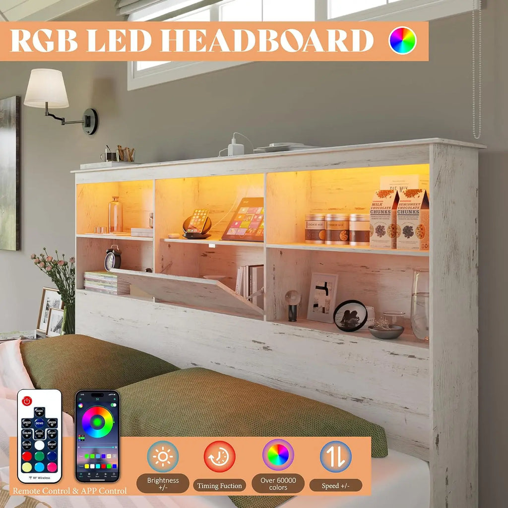 2-Piece Bedroom Set, Queen Bed Frame and 6 Drawer Dresser, Platform Bed with 51.2" LED Bookcase Headboard & 4 Under-Bed Drawers