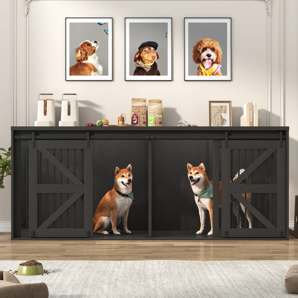 Farmhouse Dog Crate TV Stand, Wooden Dog Kennel Furniture with Sliding Metal Mesh Barn Door, 87'' Large Dog Crate Furniture