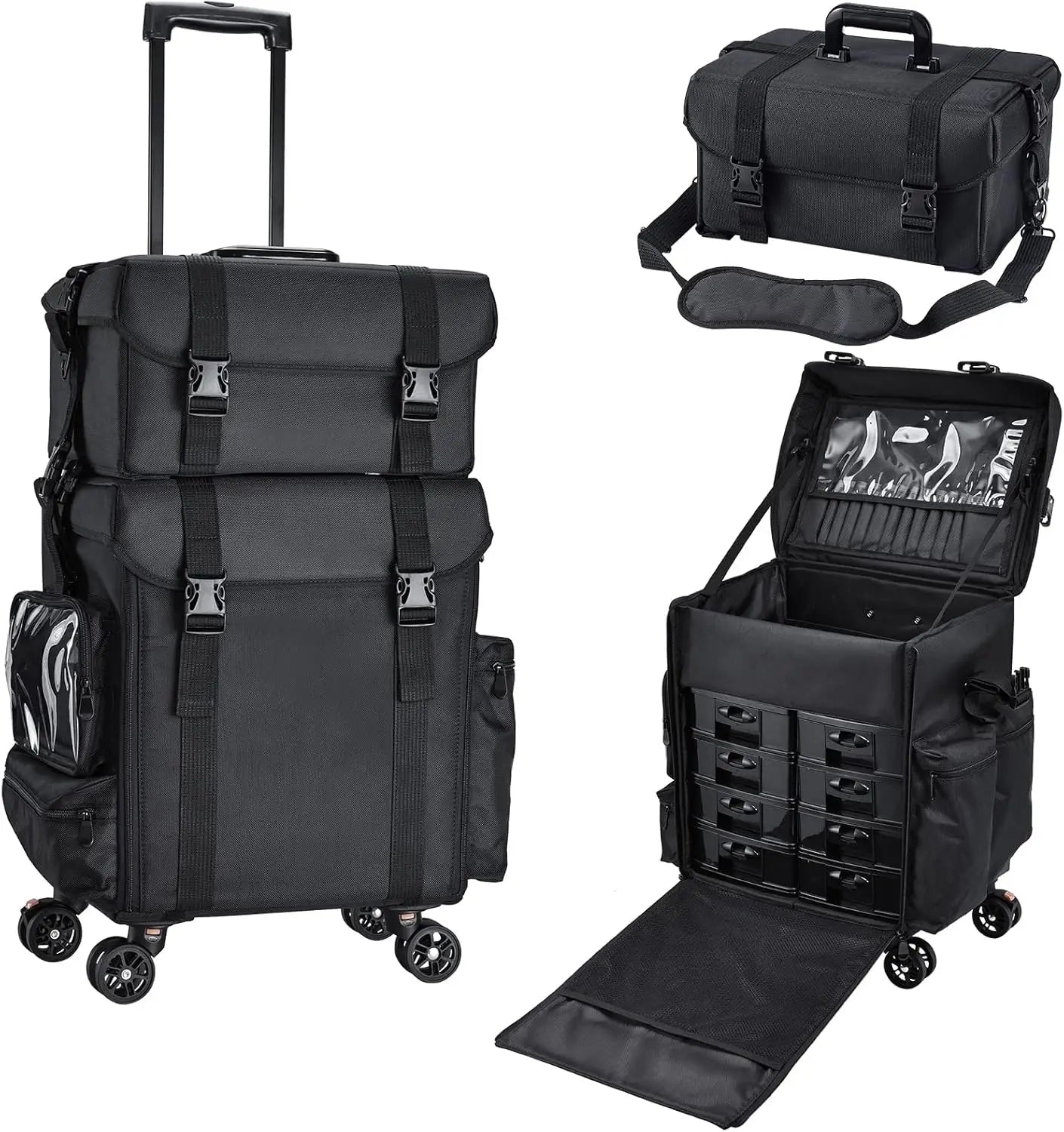 Professional Rolling Makeup Case Soft Sided Cosmetology Organizer Wheeled Nylon Train Case Portable Travel Supply Station