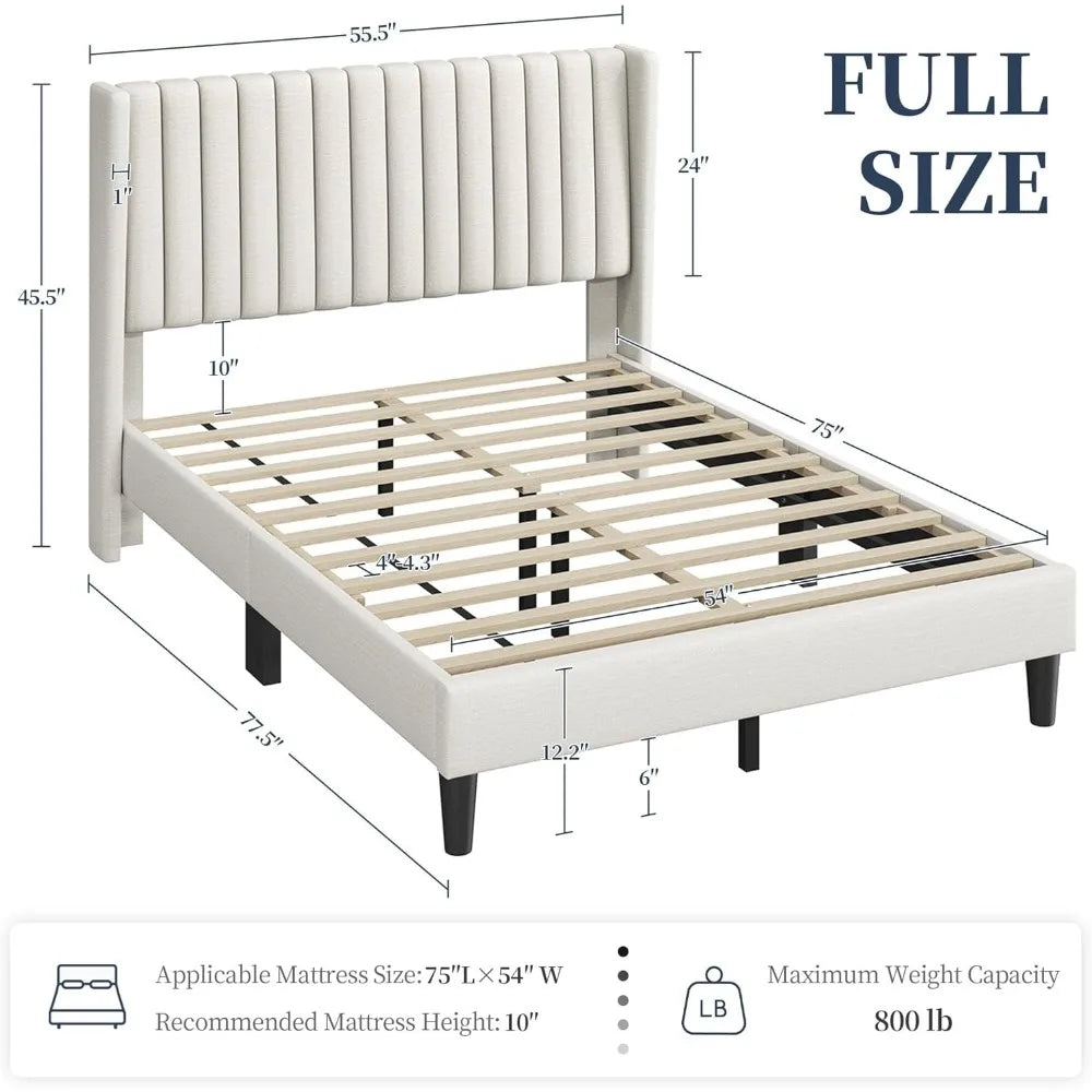 Full Bed Frame Upholstered Platform Bed with Fabric Headboard