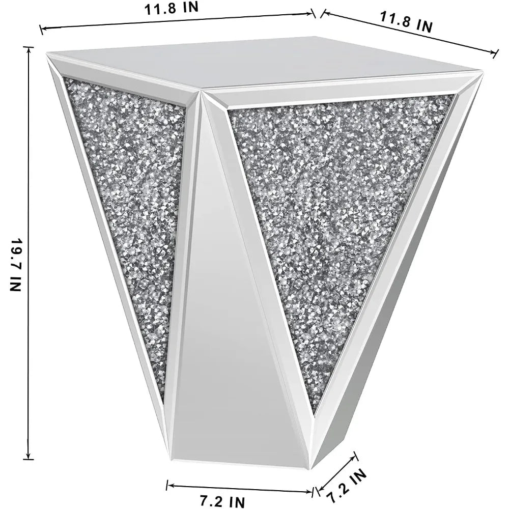 Silver Glass End Table with Crystal Accents for Hallway, Living Room, and Coffee Areas