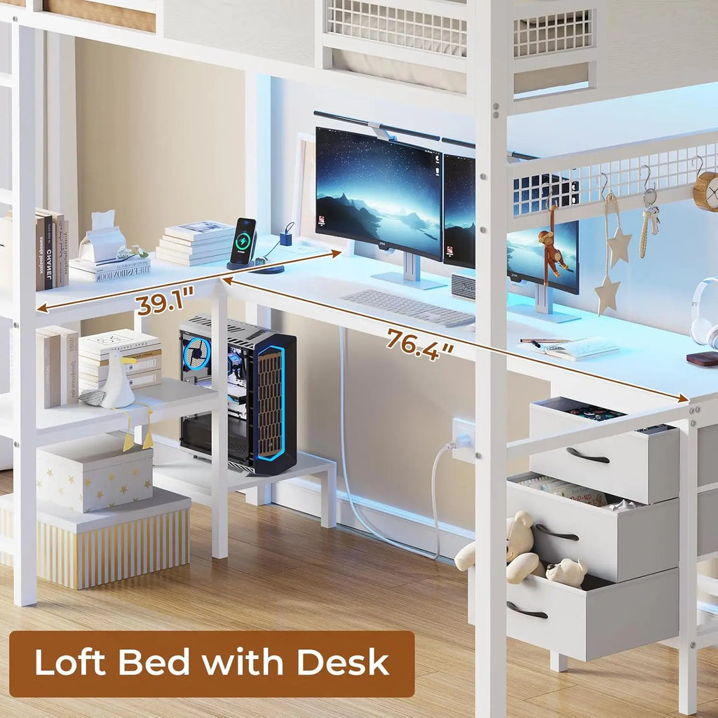 Loft Bed Twin Size with L-Shaped Desk, 3 Storage Drawers, 2-Tier Storage Shelves, Power OUtlets, LED Metal Twin Size Bed Frame,