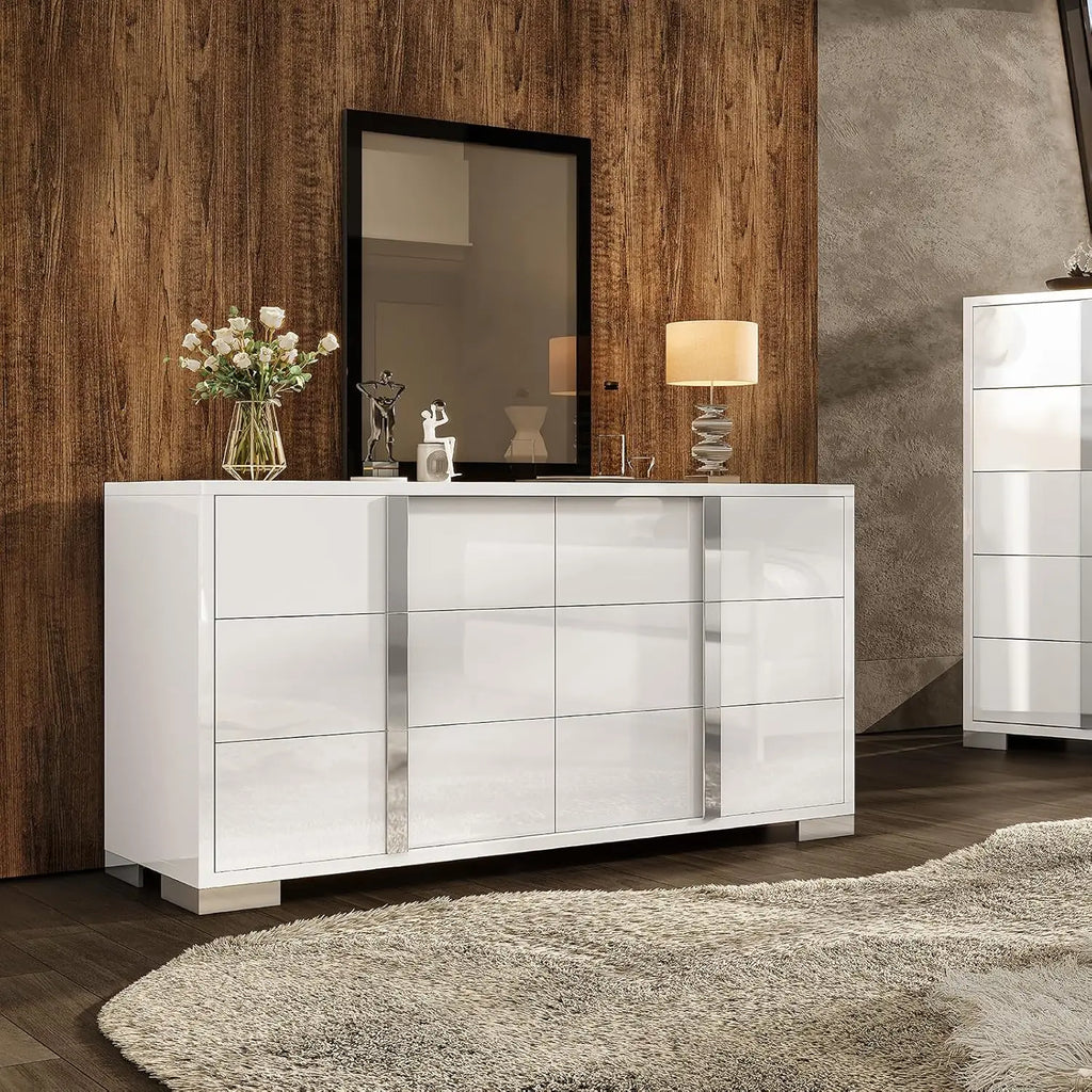 Modern Storage Chest of Drawers with Wide Tabletop,54" W High Gloss 6 Drawers Dresser with Silver Grooved Handles