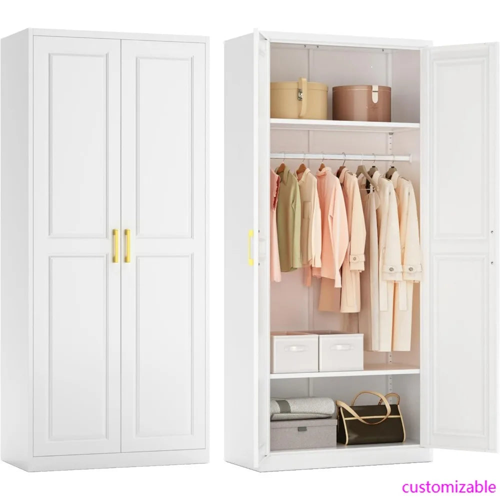 Freestanding 71-Inch Tall Metal Wardrobe with Hanging and Storage, Large Capacity Closet/ Cabinet