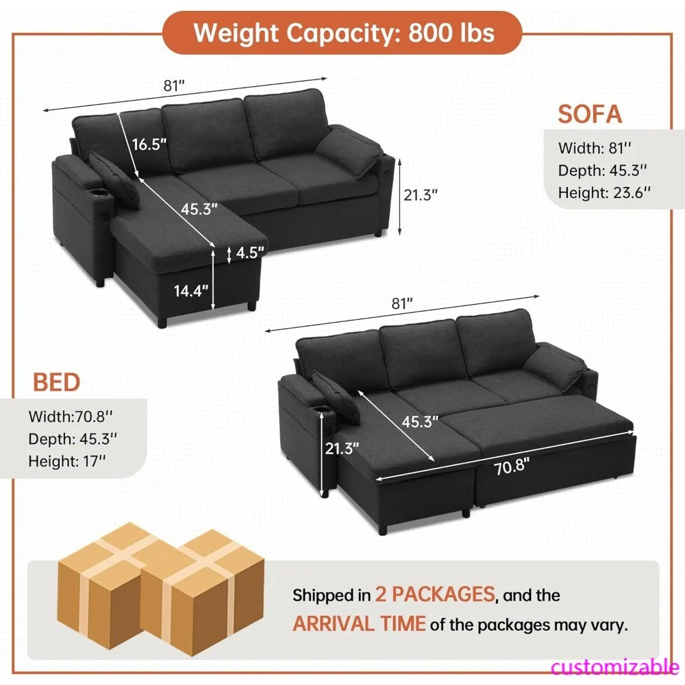 Dark Gray L-Shaped Sofa/ Bed with Storage Chaise, USB ports, and Cup Holders