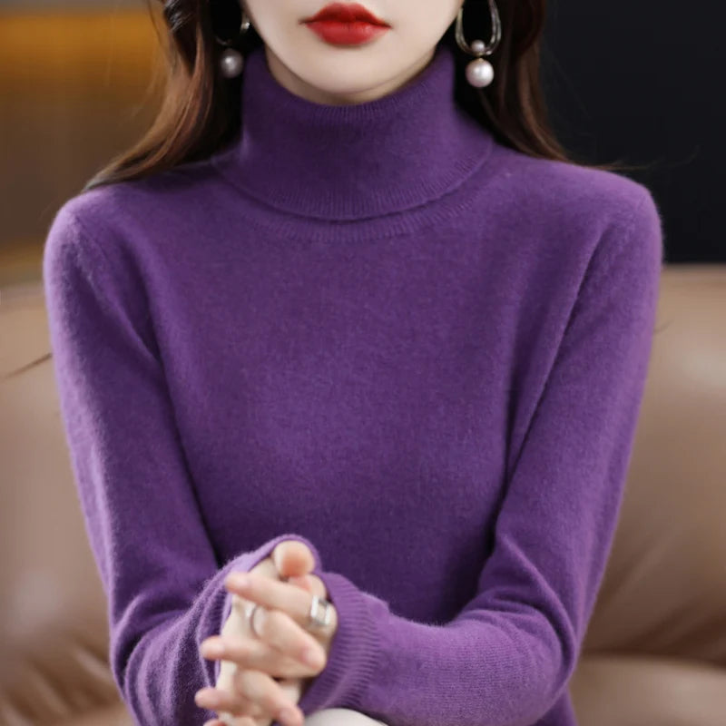 100% Merino Wool Cashmere Sweater Women Knitted Sweater Turtleneck, Long Sleeve Pullovers Autumn/ Winter Clothing