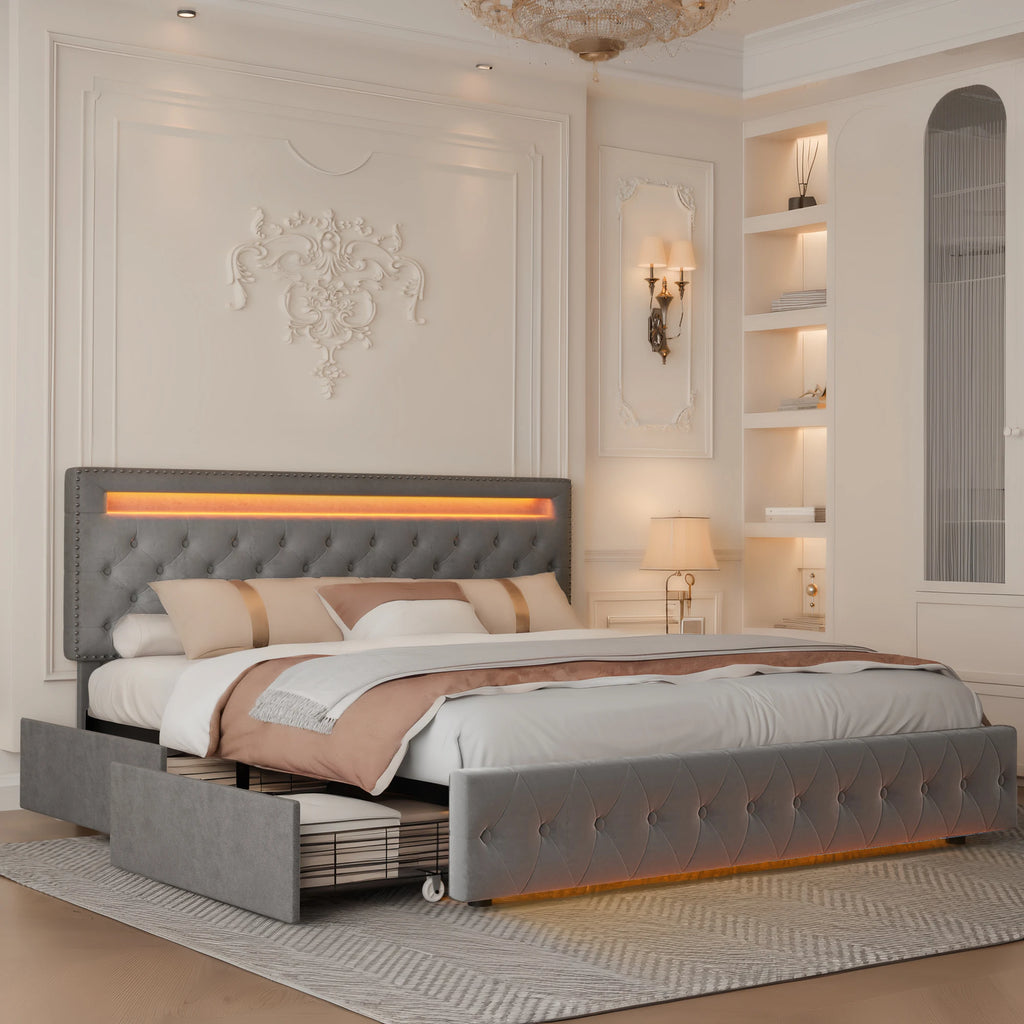 Full Size LED Bed Frame with Storage Drawers, RGBW Lights, Adjustable Headboard, No Box Spring, PU/Velvet Upholstered