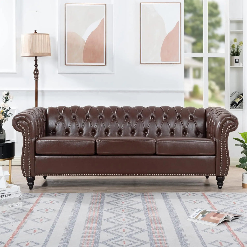 84" Leather Chesterfield Sofas and Chair for Living Room Furniture Sets