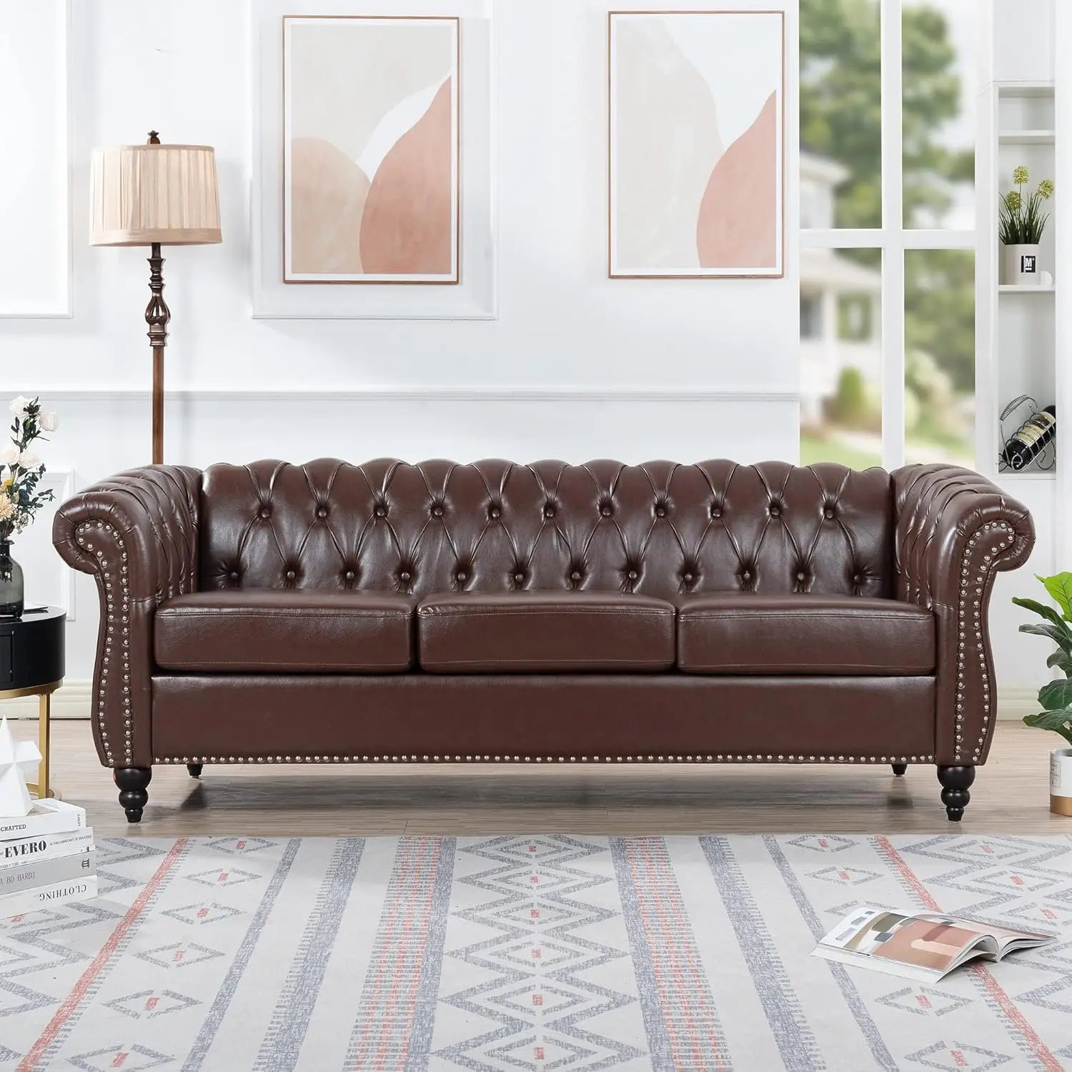 84" Leather Chesterfield Sofas and Chair for Living Room Furniture Sets