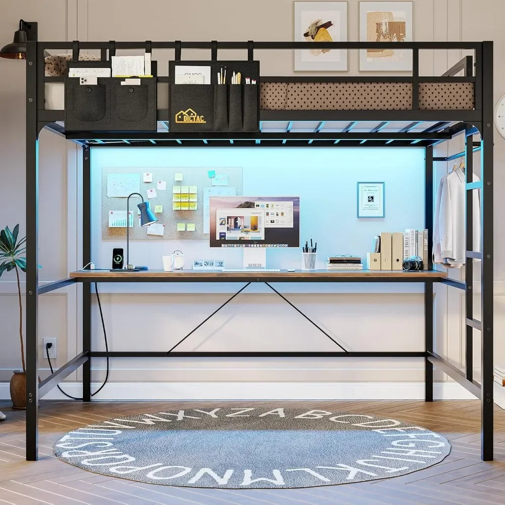 Full-Size Metal Loft Bed with Desk, LED Lighting, and Charging Station