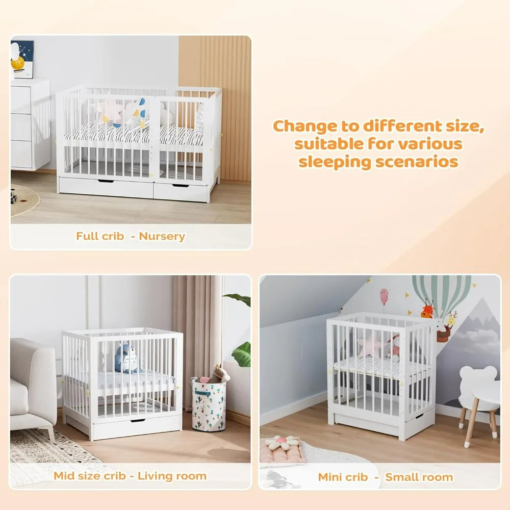 8-in-1 Convertible Crib with Changer, Including 2-Inch Mattress, Transforms into Bassinet, Mid-Sized Crib, Full-Size Crib