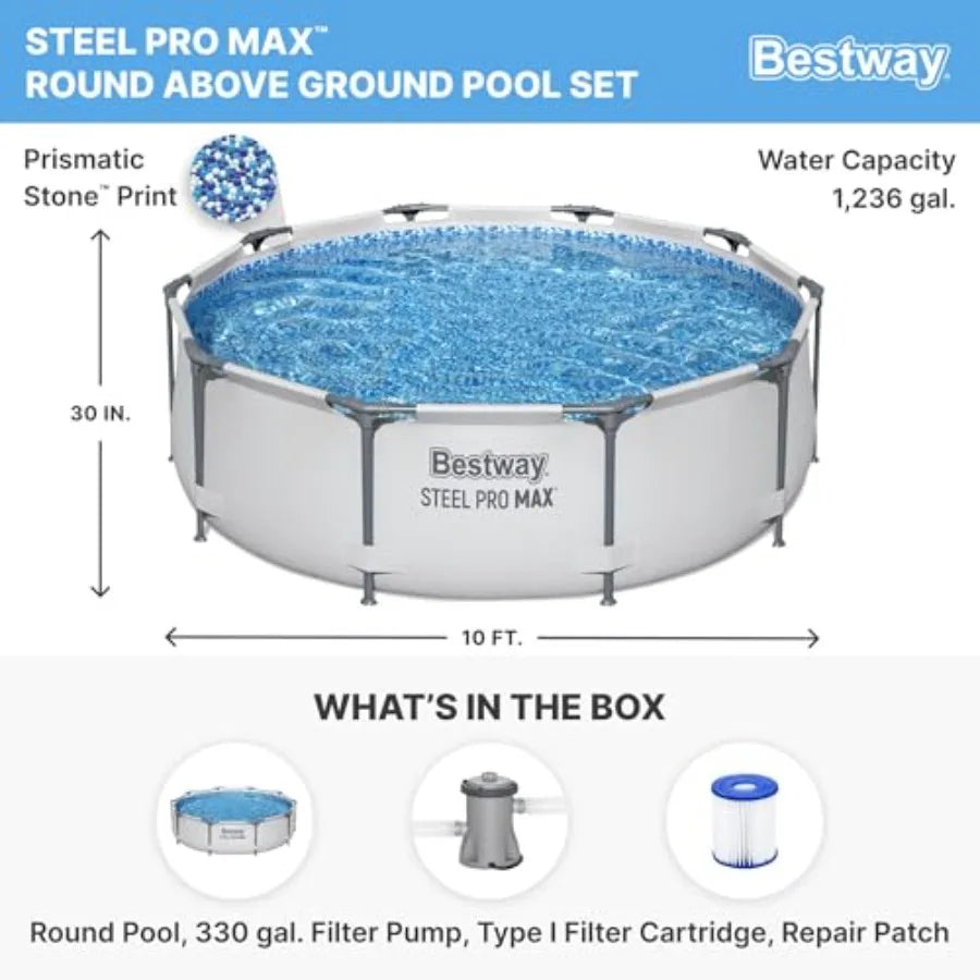 Steel Pro MAX 10' x 30" Above Ground Pool/ Round Metal Frame/ Outdoor Swimming Pool Set with Filter Pump and Type I Cartridge