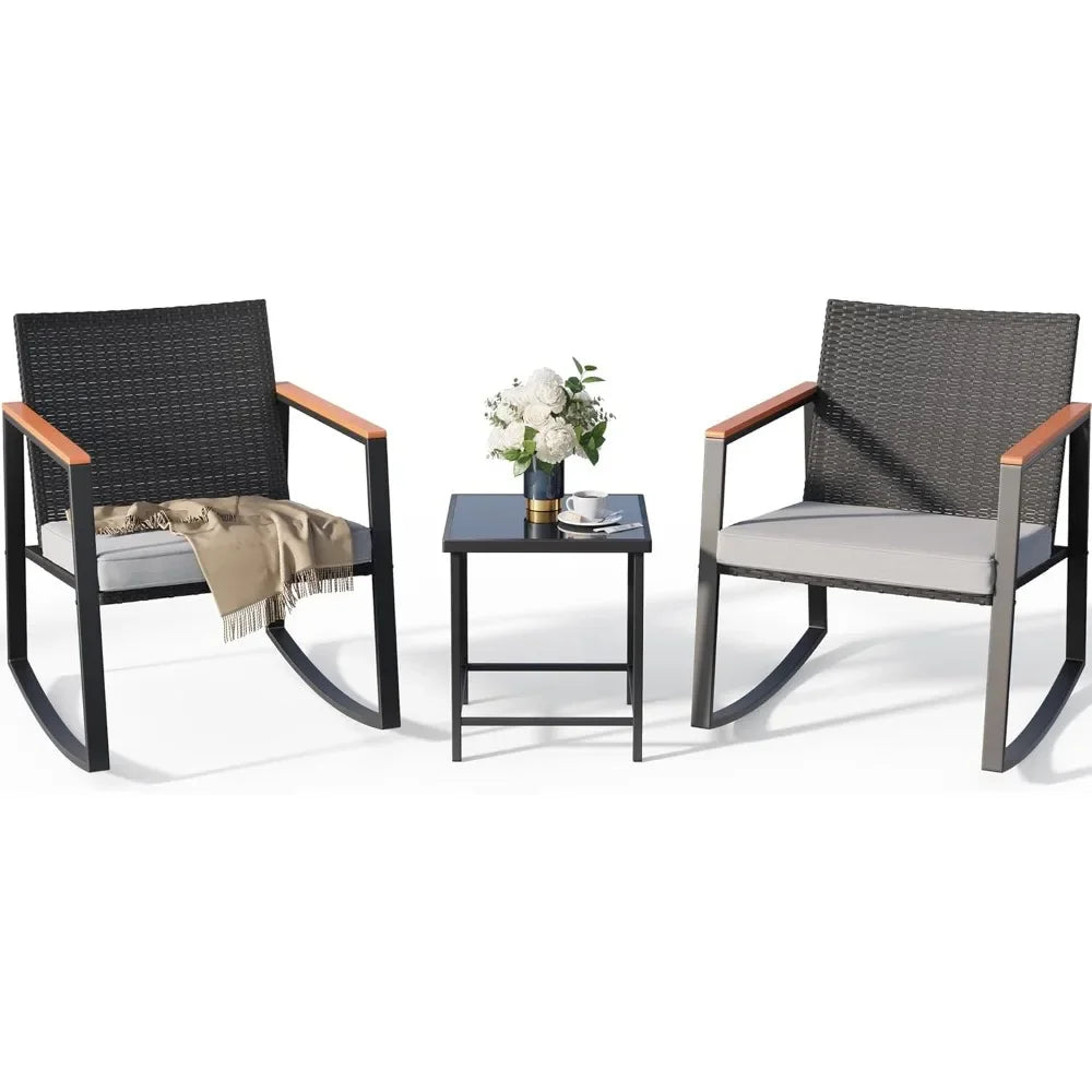 3 Pieces Rocking Patio Bistro Set with Anti-Scald Armrest, Outdoor Patio Wicker Furniture Set with Glass Table and Cushion for