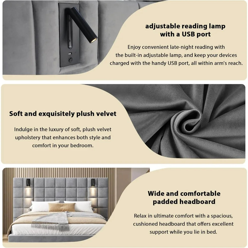 King-Size Upholstered Bed with Reading Light and USB Charging, Velvet Headboard, Grey (No Side Tables or Mattress Included)