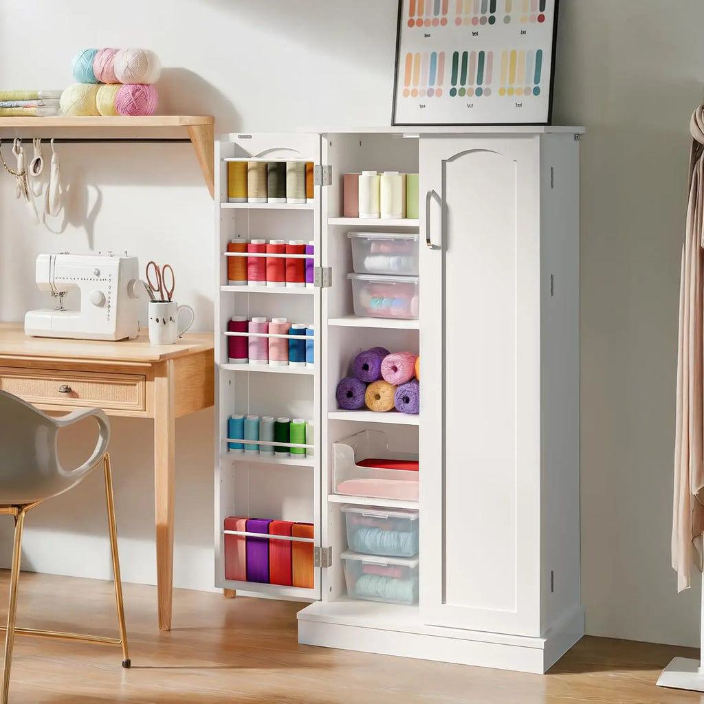 50" Craft Storage Cabinet with LED Lights – Adjustable Shelves Sewing Organizer, Multi-Purpose Sewing Cabinet