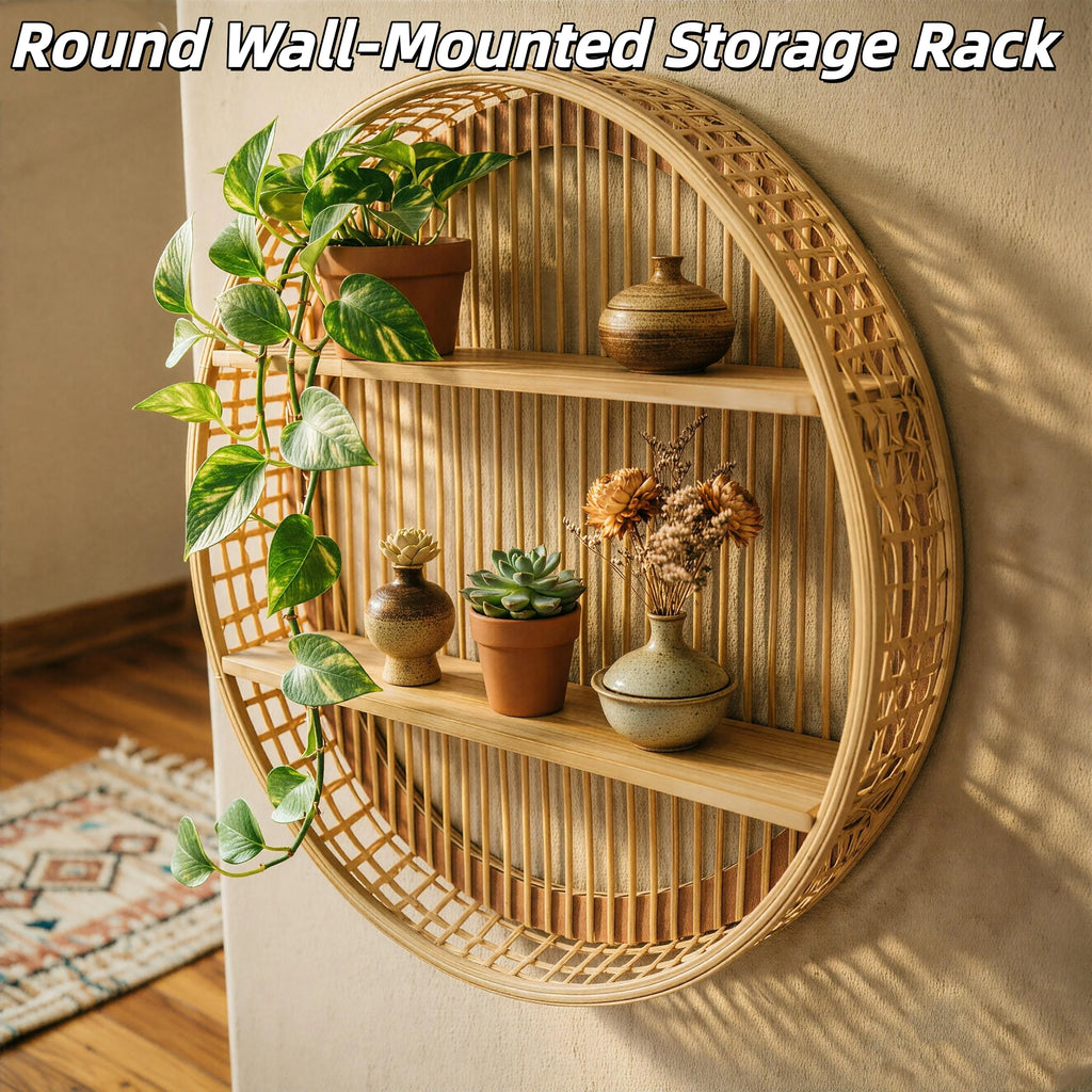 Round Wall Shelf 2 Tier Circle Wicker Hanging Shelf Display Storage Farmhouse Home Decorations or Dining Room/ Living Room/ Office/ Kitchen/Bathroom